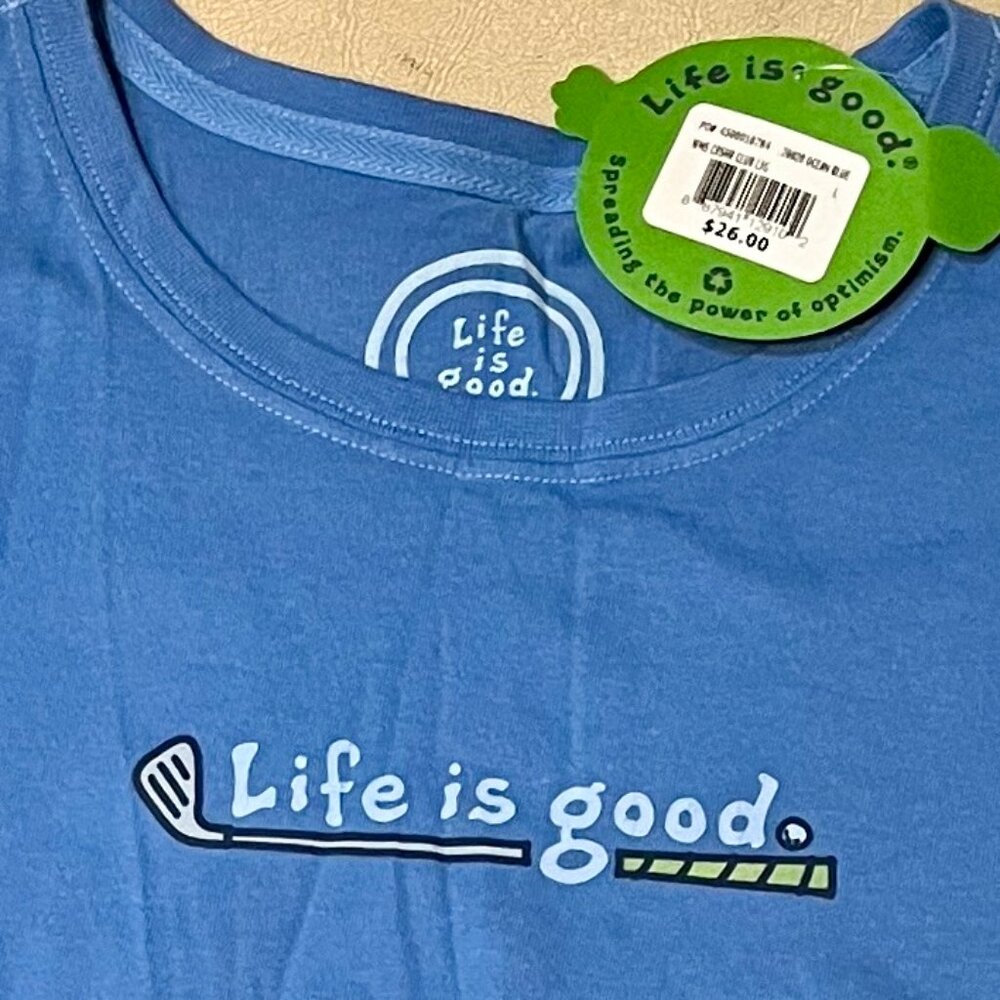 Life is Good large, short sleeve Crusher Tee blue with a golf club graphic.NEW